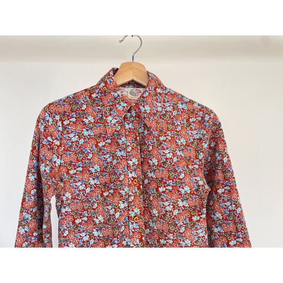 Vintage 70s Land N Sea Floral Button Up Collared Shirt Cotton Sz 34 S/M Retro - Picture 3 of 13